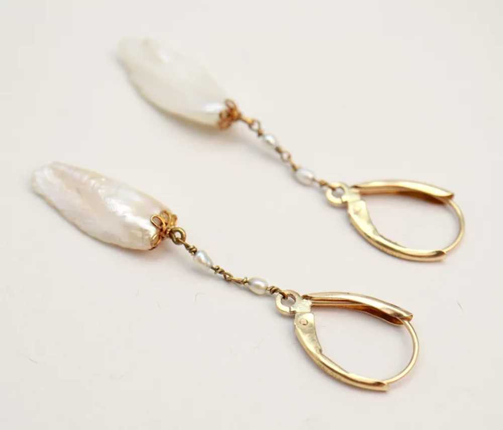 Natural American River Pearl 14K Gold Wing Earrin… - image 6