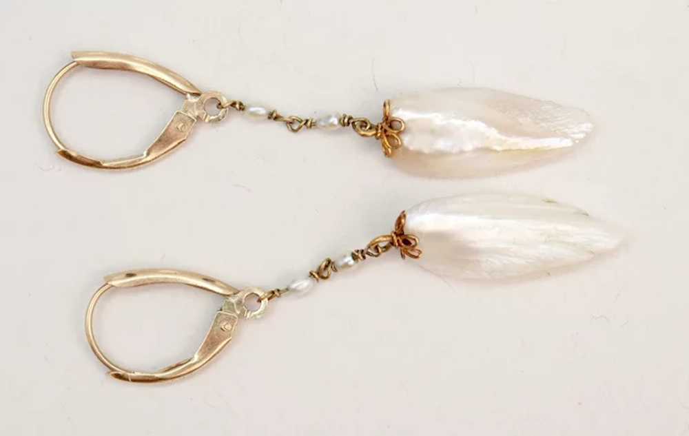 Natural American River Pearl 14K Gold Wing Earrin… - image 8
