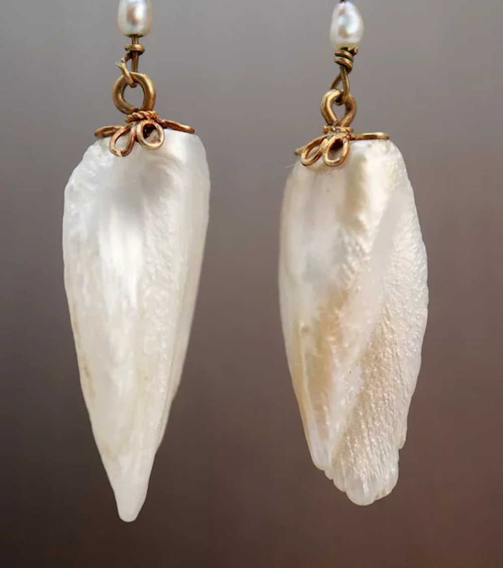 Natural American River Pearl 14K Gold Wing Earrin… - image 9