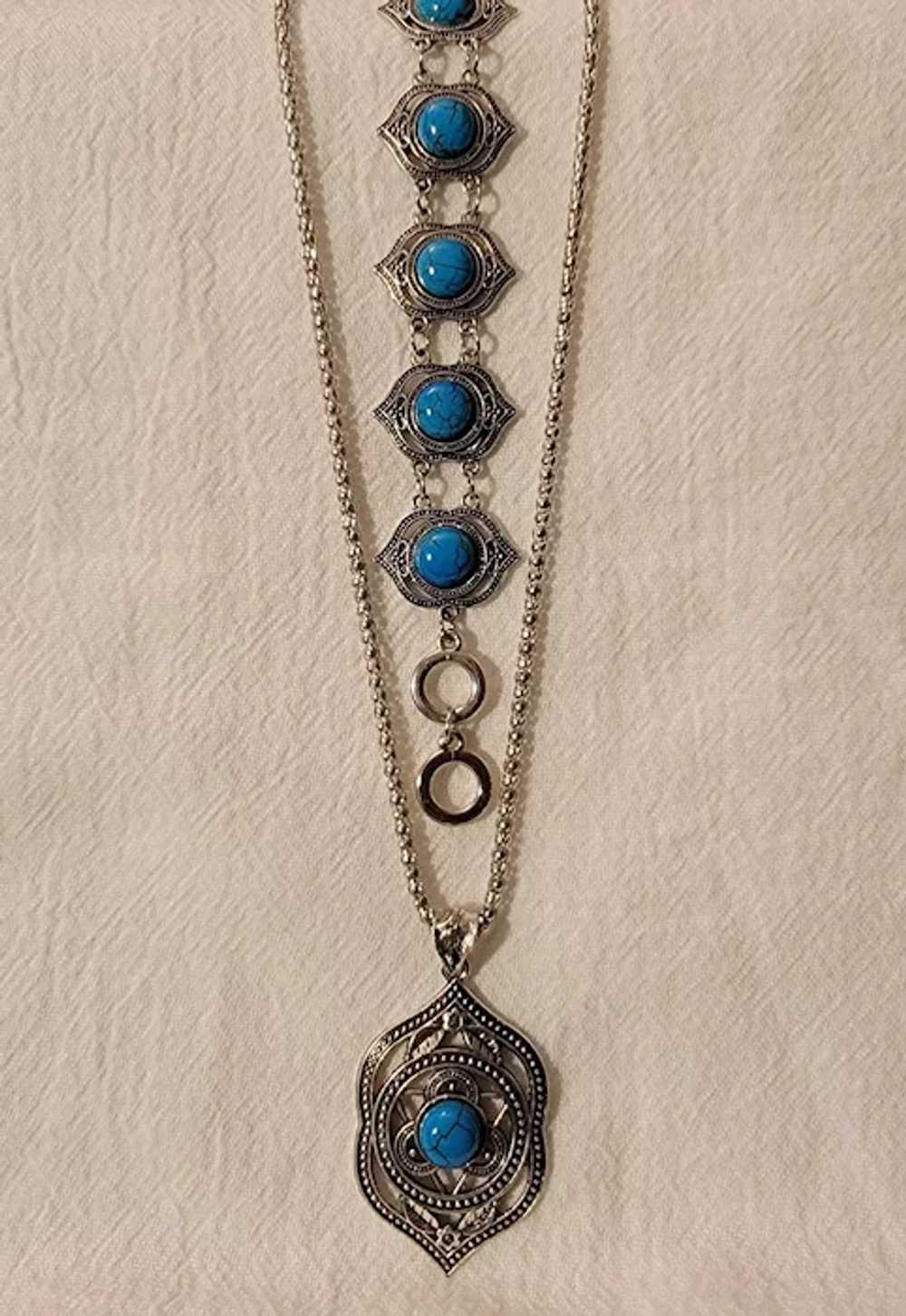 Faux dark blue turquoise and silver tone necklace… - image 6