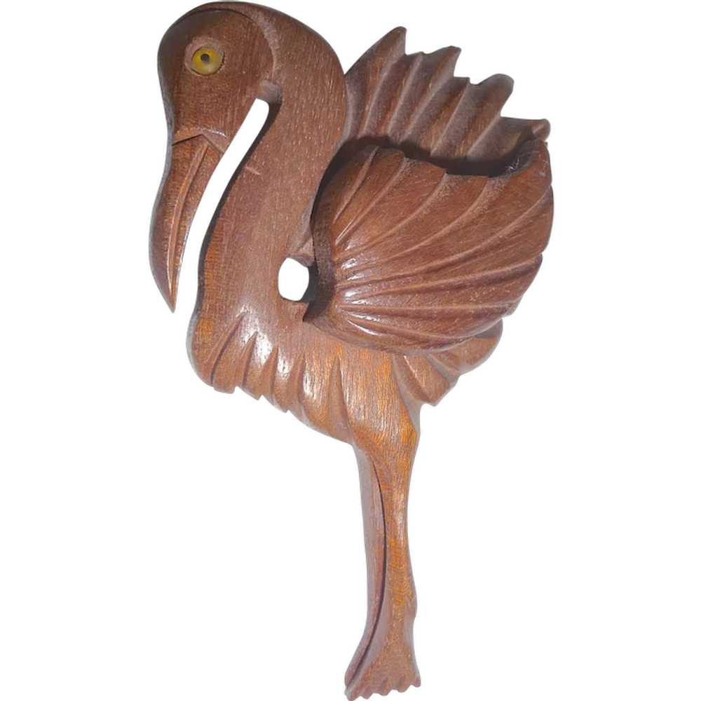 Vintage XL Carved Wood Flamingo Pin Brooch - image 1