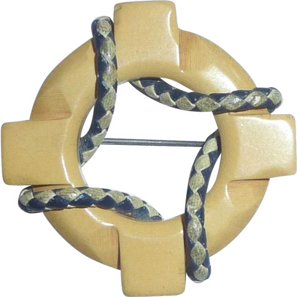 Bakelite Cream Corn & Leather Trim Life Saver Pre… - image 1