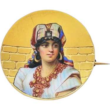 Egyptian Revival 18K Enameled Portrait Brooch - image 1