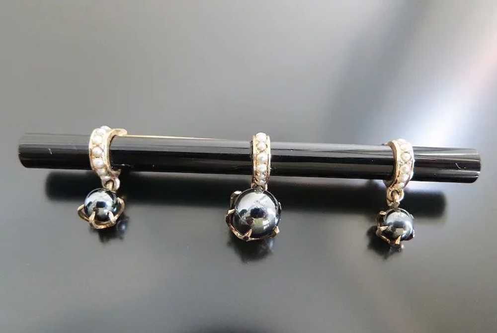 Circa 1870 Antique Victorian 14K Onyx & Pearl Bro… - image 6