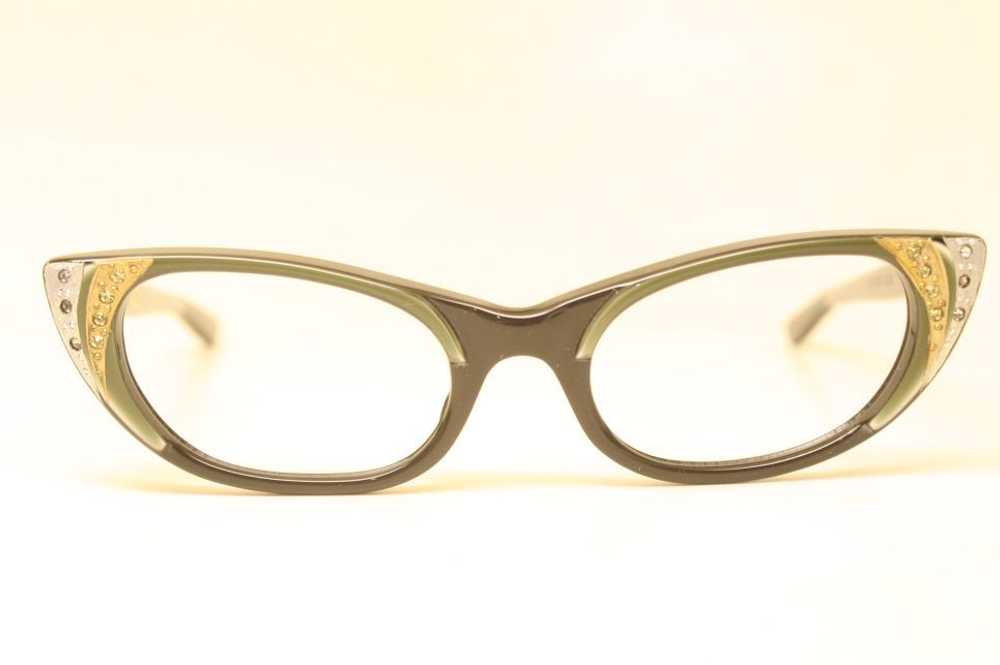 Vintage Black Green Rhinestone Cat Eye Glasses - image 1
