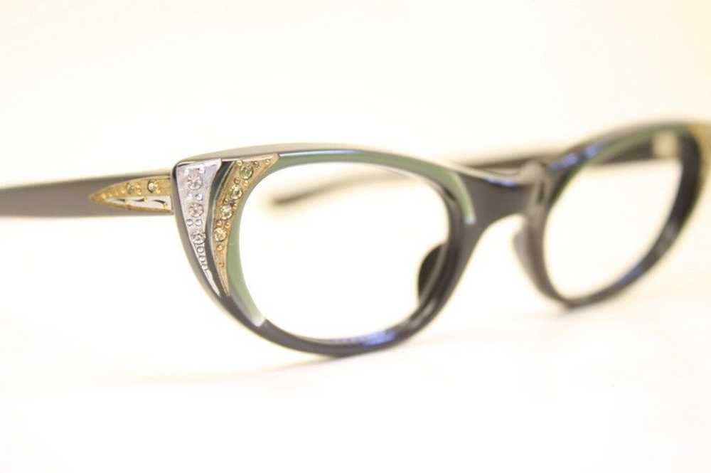 Vintage Black Green Rhinestone Cat Eye Glasses - image 3