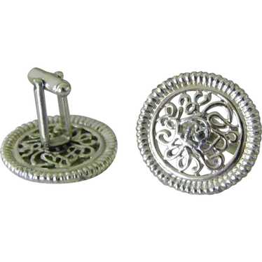 Large Round Silvertone Filigree Cuff Links