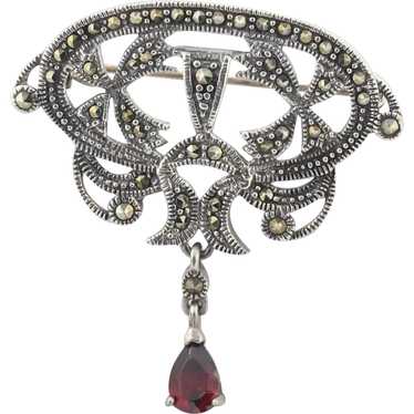 Sterling Silver Marcasite with Simulated Garnet P… - image 1