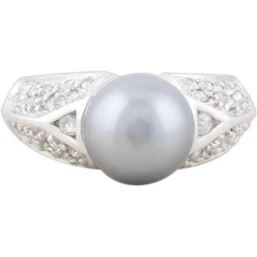 Sterling Silver Imitation Black Pearl and Cz Ring… - image 1