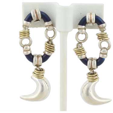 Sterling Silver Blue Enamel Earrings Gold Accents… - image 1
