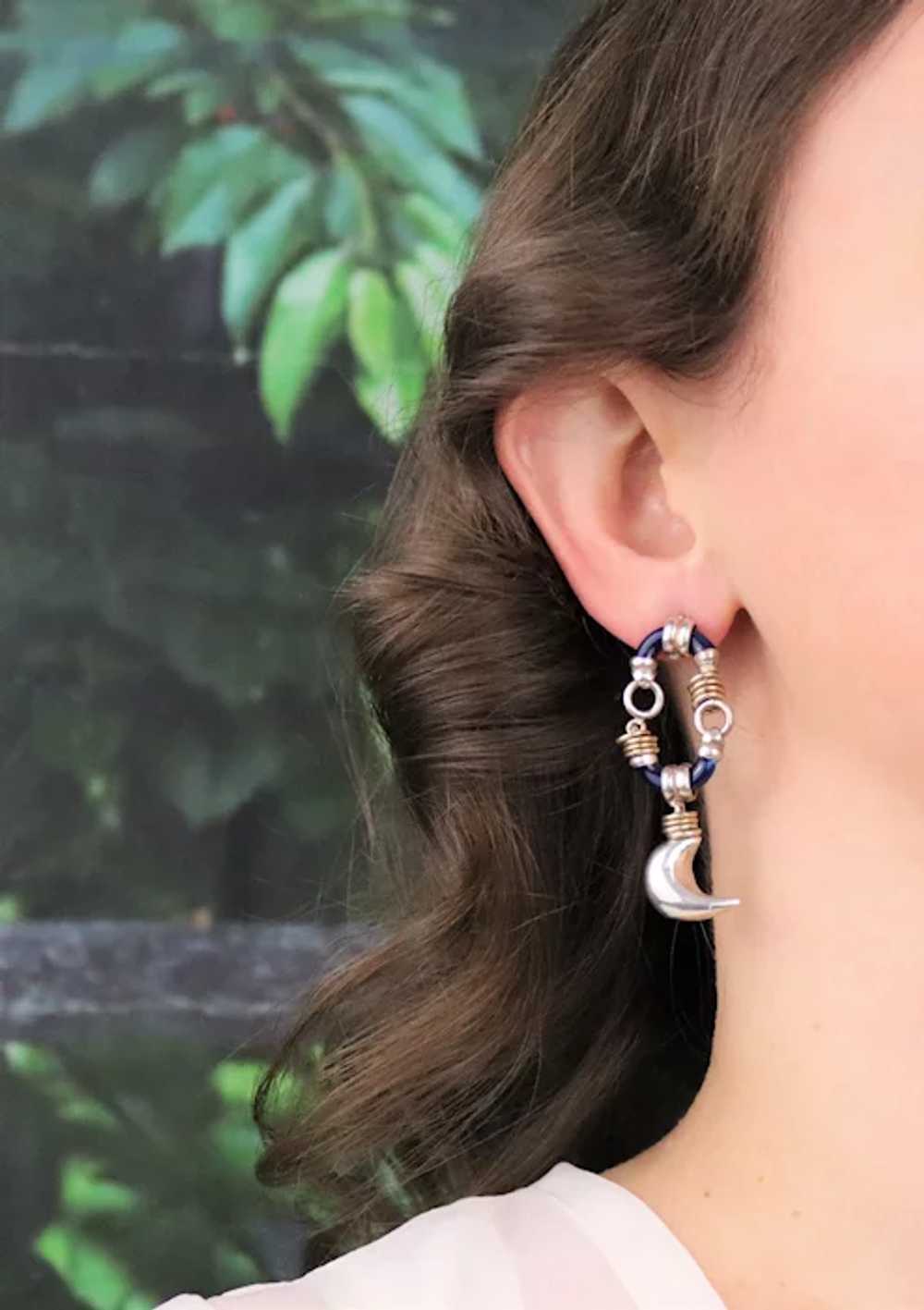 Sterling Silver Blue Enamel Earrings Gold Accents… - image 2