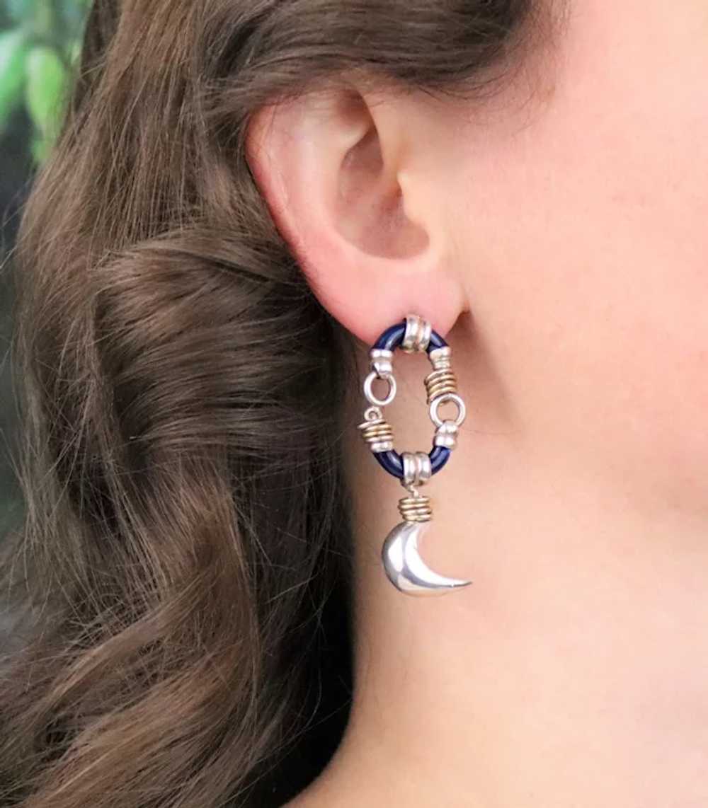 Sterling Silver Blue Enamel Earrings Gold Accents… - image 3