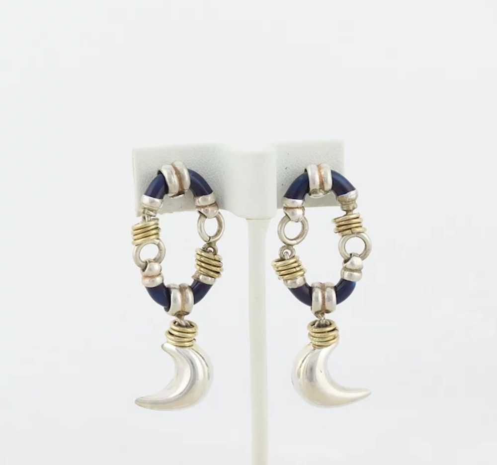 Sterling Silver Blue Enamel Earrings Gold Accents… - image 4