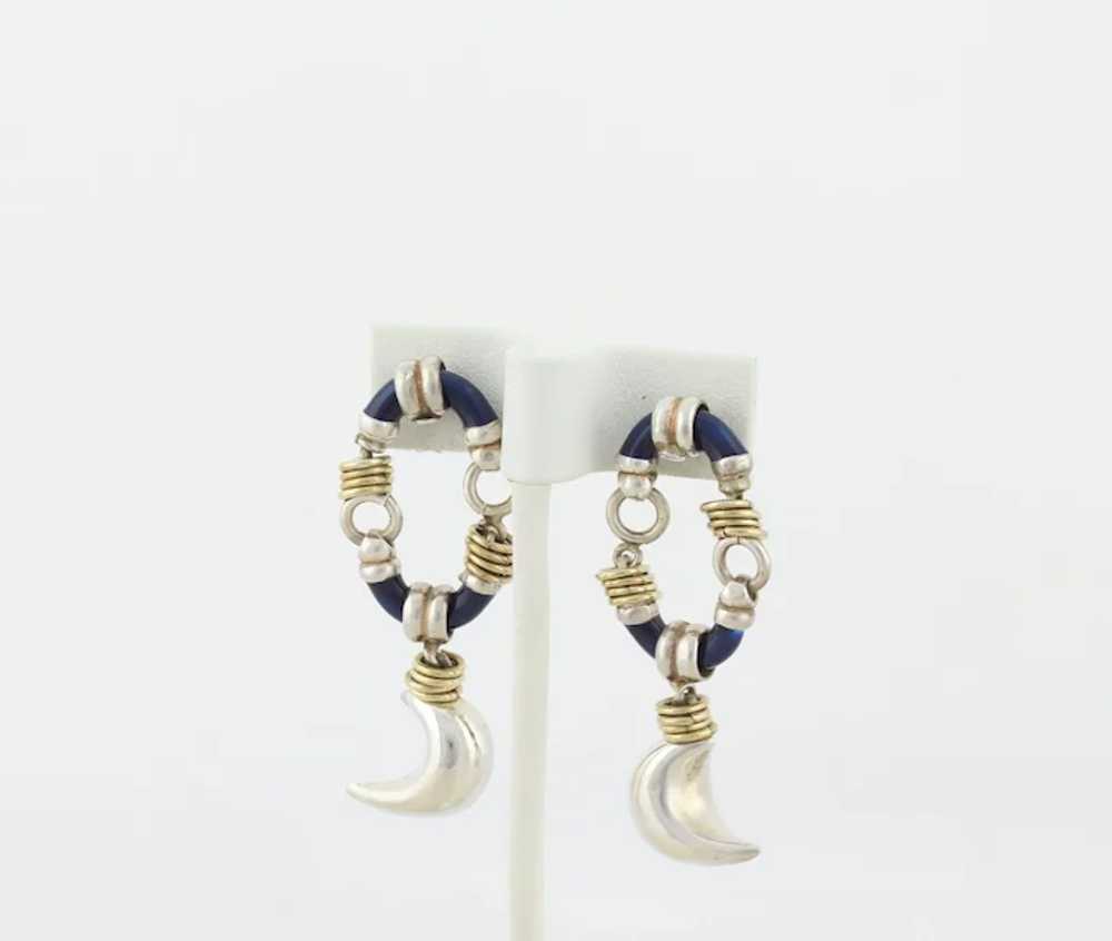 Sterling Silver Blue Enamel Earrings Gold Accents… - image 5