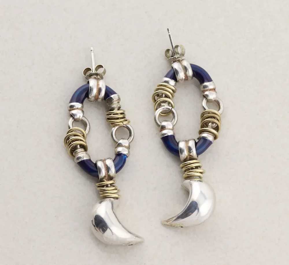 Sterling Silver Blue Enamel Earrings Gold Accents… - image 6