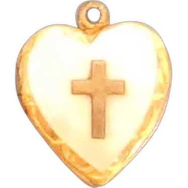 Vintage 10K GF Mother of Pearl Heart Locket- Cross - image 1