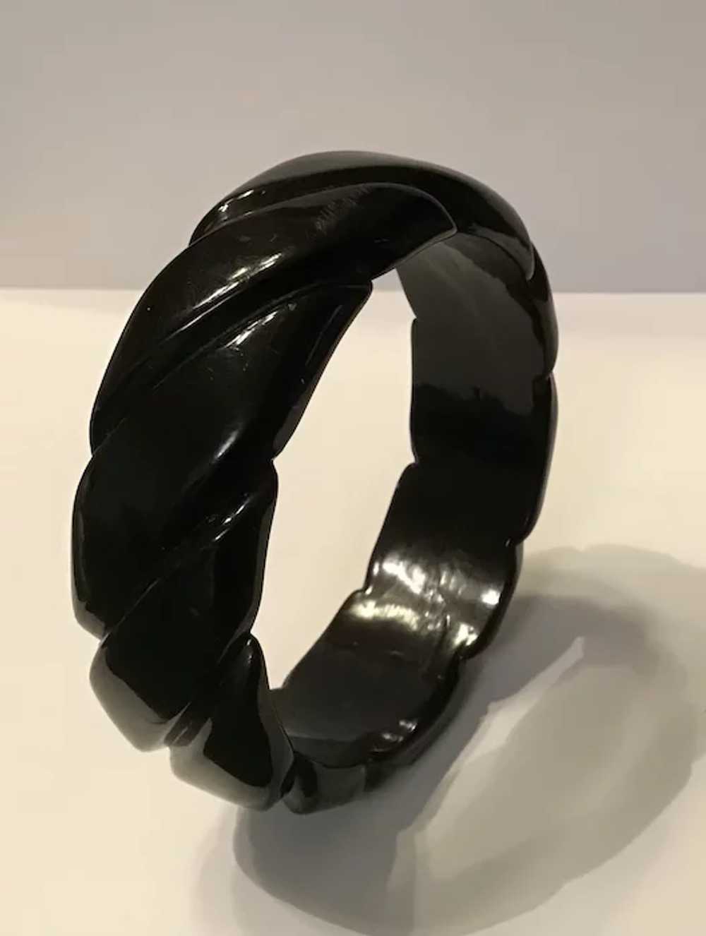 Black Bakelite Deeply Incised Bangle Bracelet - image 2