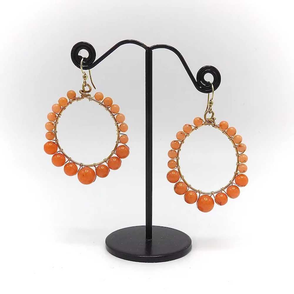 14K Retro Coral Colored Glass Hoop Earrings - image 5