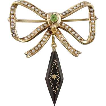 Victorian Bow Brooch with Seed Pearls, Demantoid … - image 1