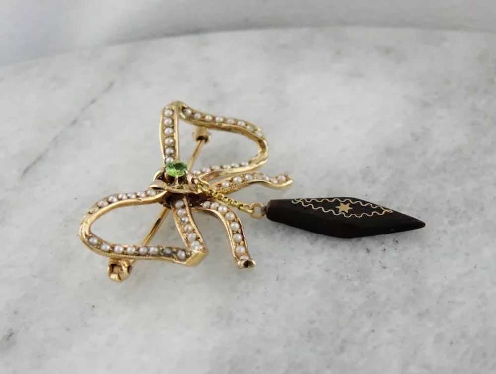 Victorian Bow Brooch with Seed Pearls, Demantoid … - image 2