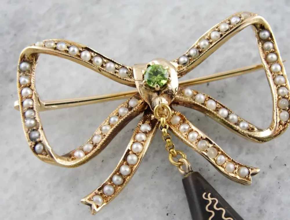 Victorian Bow Brooch with Seed Pearls, Demantoid … - image 3