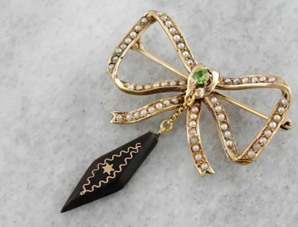 Victorian Bow Brooch with Seed Pearls, Demantoid … - image 5