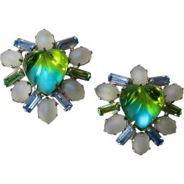 Blue Green Heart Shaped Rhinestone Clip Earrings