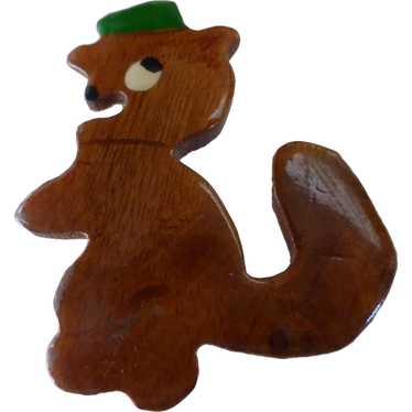 Vintage Carved & Painted Wood Squirrel Pin