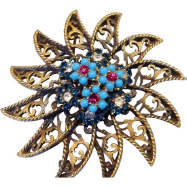 BSK Signed Brooch Sunburst Flower w Faux Turquois… - image 1