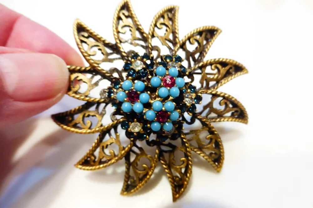 BSK Signed Brooch Sunburst Flower w Faux Turquois… - image 2