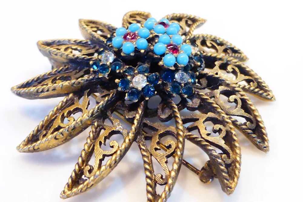 BSK Signed Brooch Sunburst Flower w Faux Turquois… - image 3