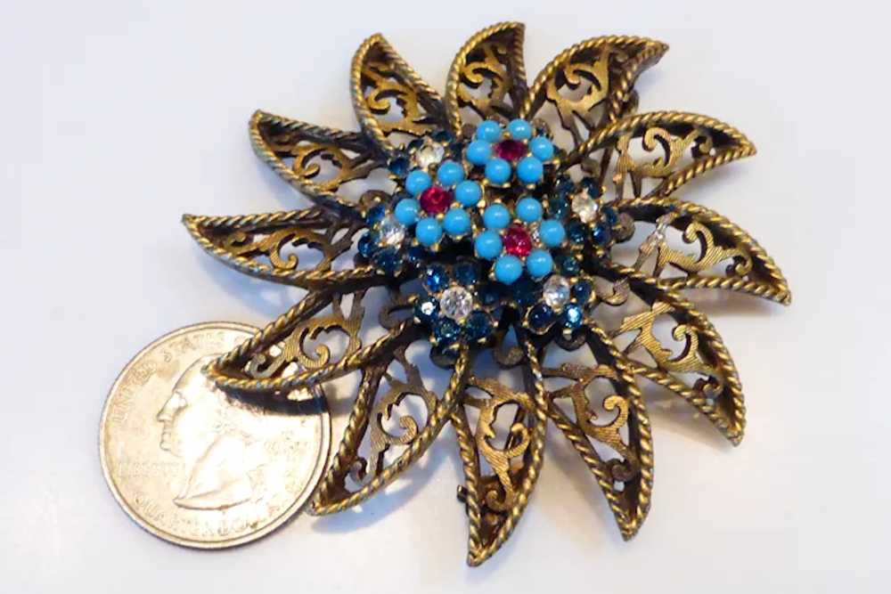 BSK Signed Brooch Sunburst Flower w Faux Turquois… - image 4