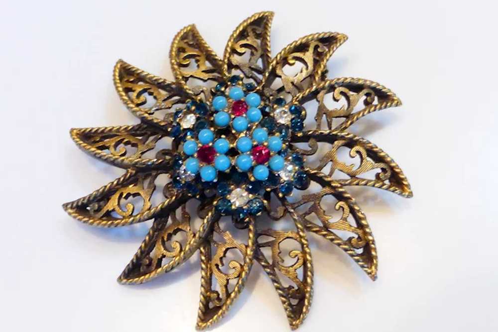 BSK Signed Brooch Sunburst Flower w Faux Turquois… - image 5