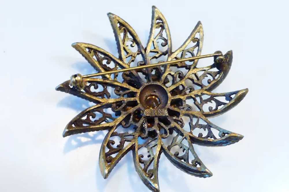 BSK Signed Brooch Sunburst Flower w Faux Turquois… - image 6