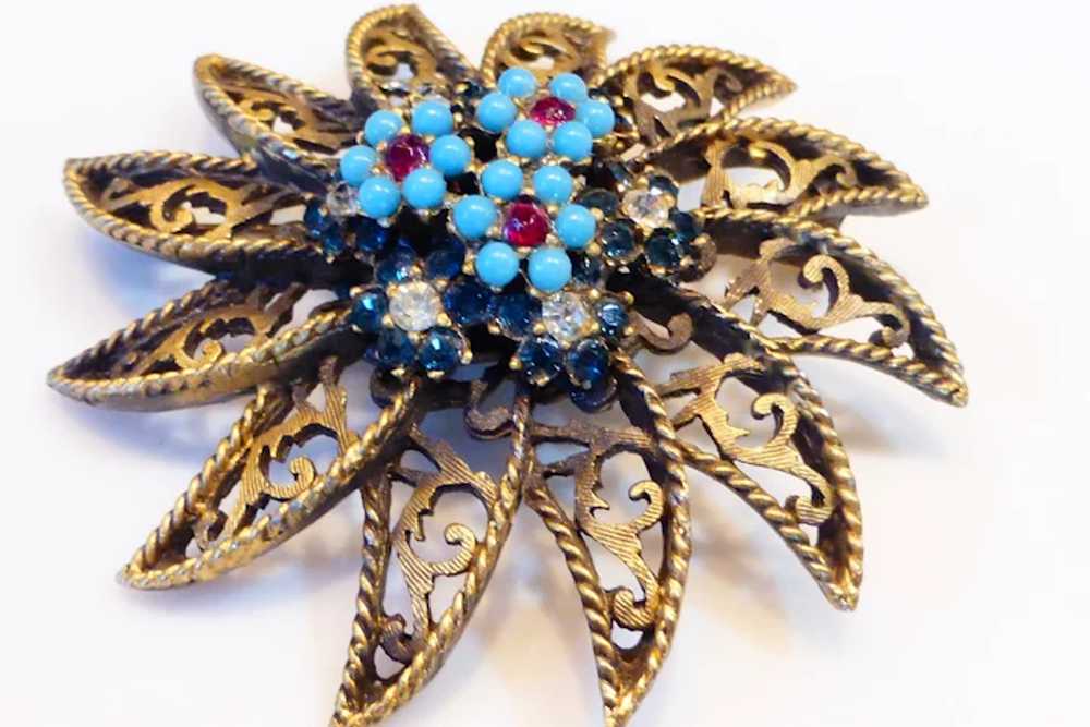 BSK Signed Brooch Sunburst Flower w Faux Turquois… - image 8