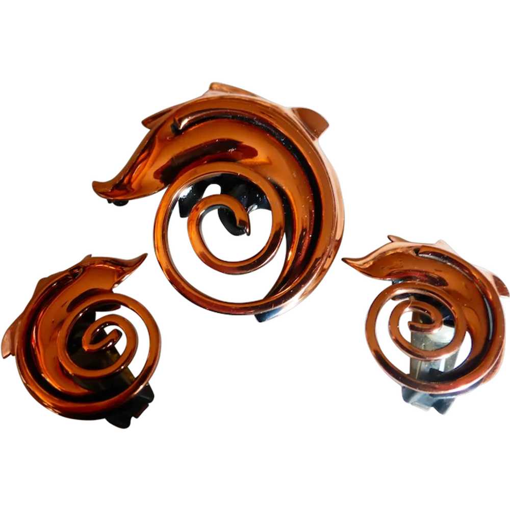 Vintage RAME Copper Swirl Brooch Pin Earrings Set - image 1