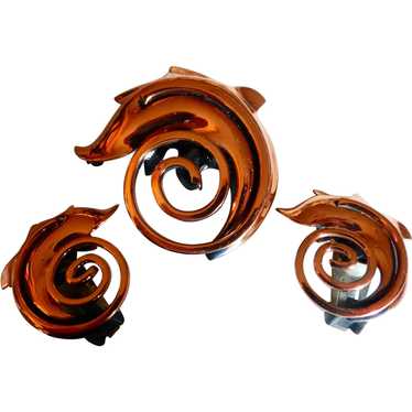 Vintage RAME Copper Swirl Brooch Pin Earrings Set - image 1