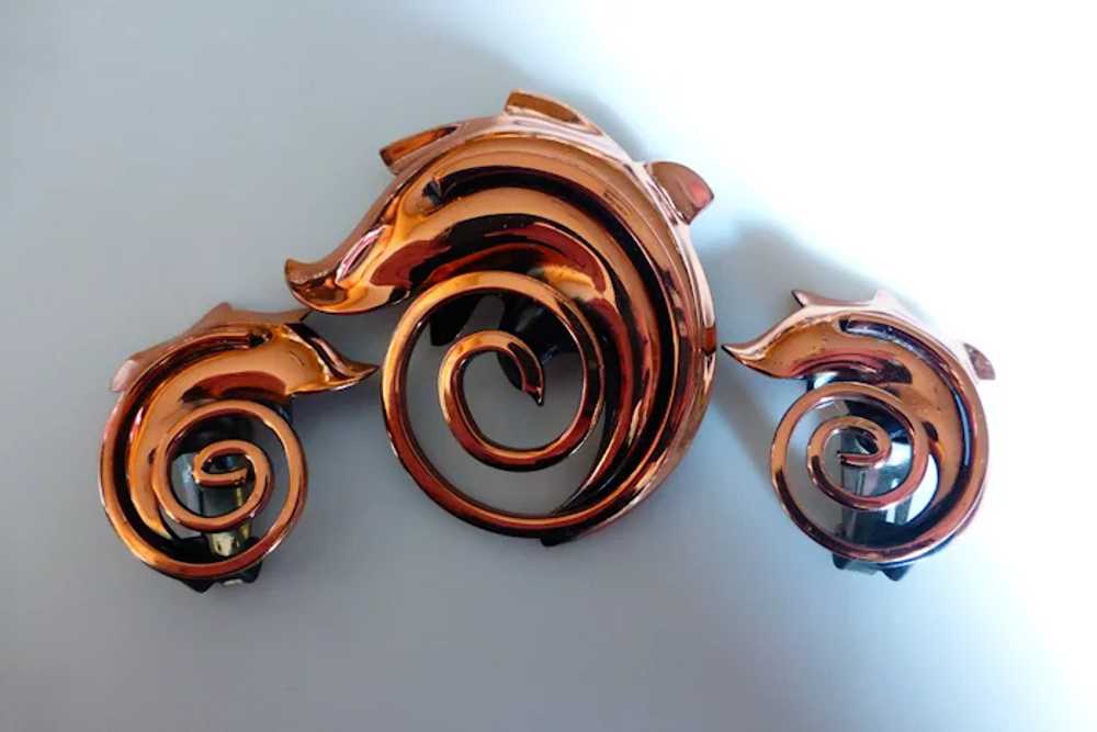 Vintage RAME Copper Swirl Brooch Pin Earrings Set - image 3
