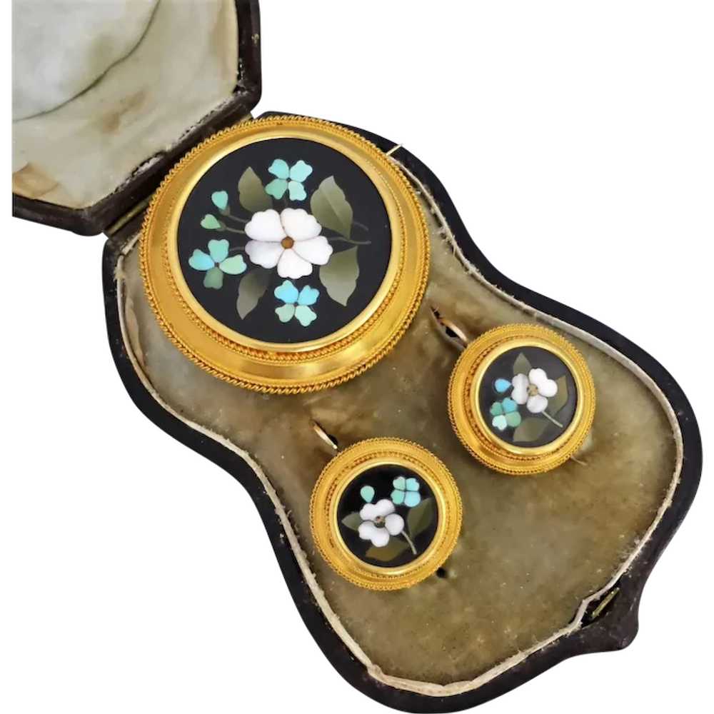 Victorian 20k Gold Pietra Dura Cased Earrings & B… - image 1