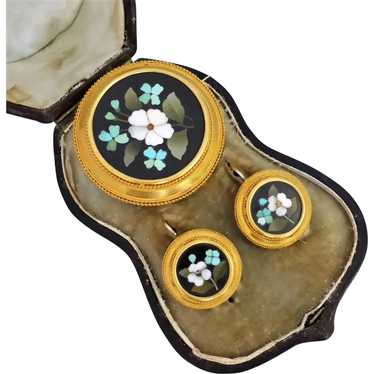 Victorian 20k Gold Pietra Dura Cased Earrings & B… - image 1