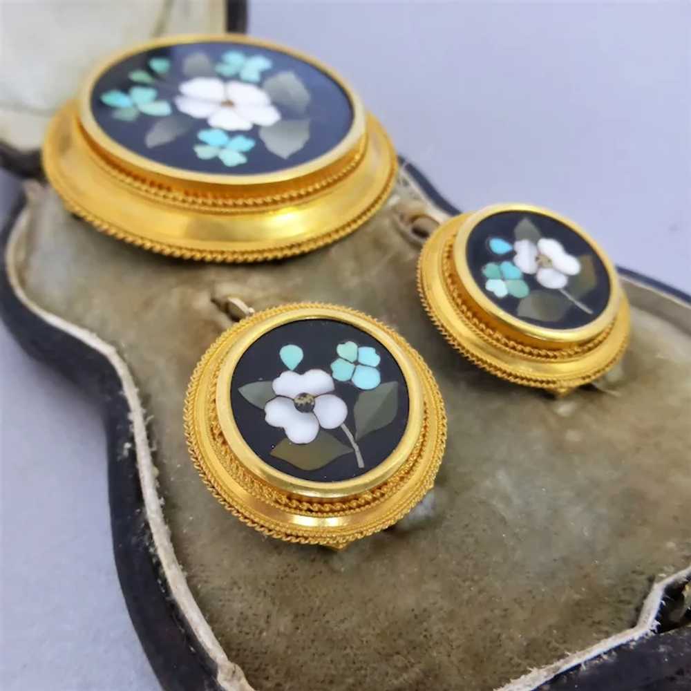 Victorian 20k Gold Pietra Dura Cased Earrings & B… - image 2