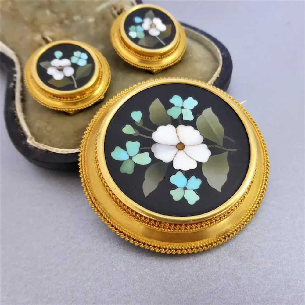 Victorian 20k Gold Pietra Dura Cased Earrings & B… - image 3