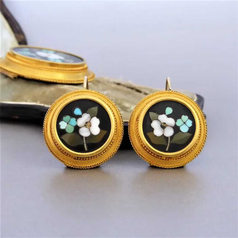 Victorian 20k Gold Pietra Dura Cased Earrings & B… - image 5