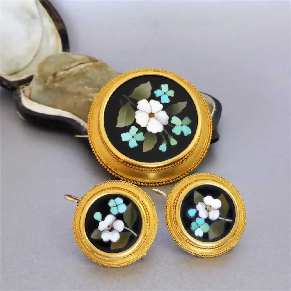 Victorian 20k Gold Pietra Dura Cased Earrings & B… - image 7