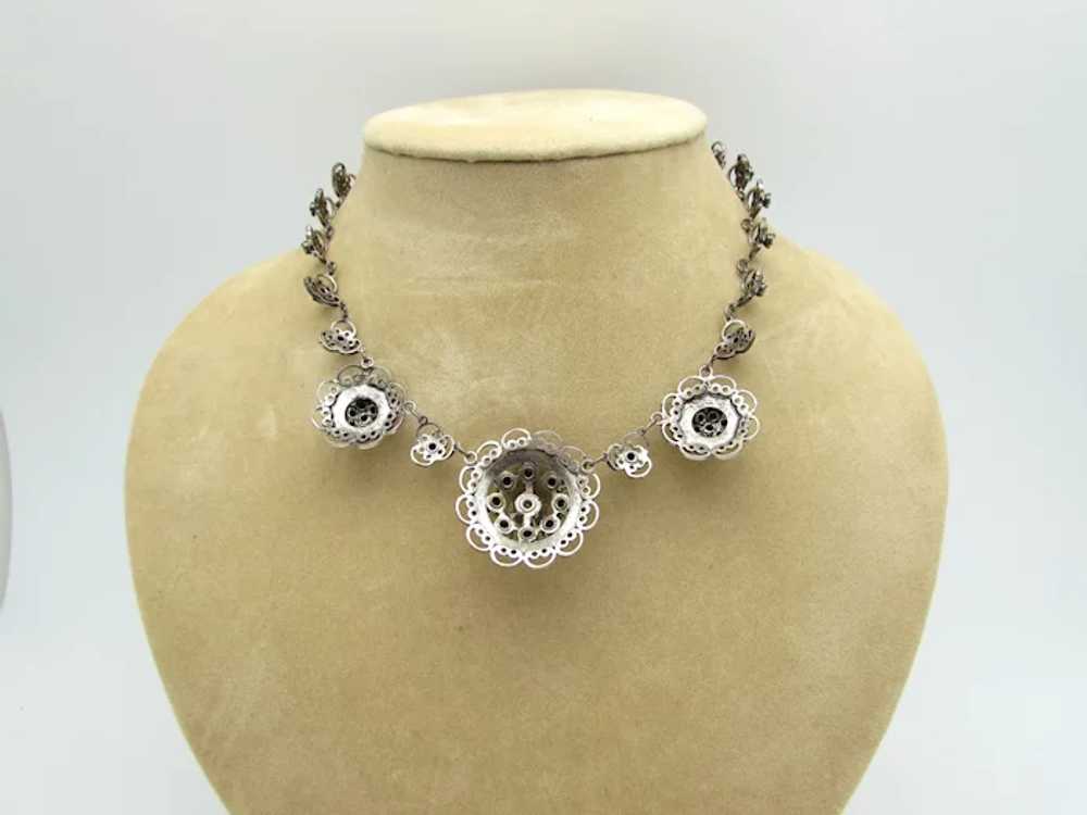 Sterling Filigree Floral Design Link Necklace W/R… - image 4