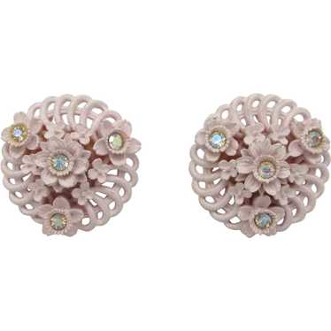 Filigree Pink Floral Earrings with Rhinestones