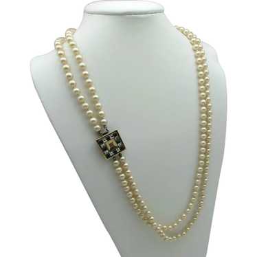 Nolan Miller Double Strand Faux Pearls Rhinestone Clasp Necklace