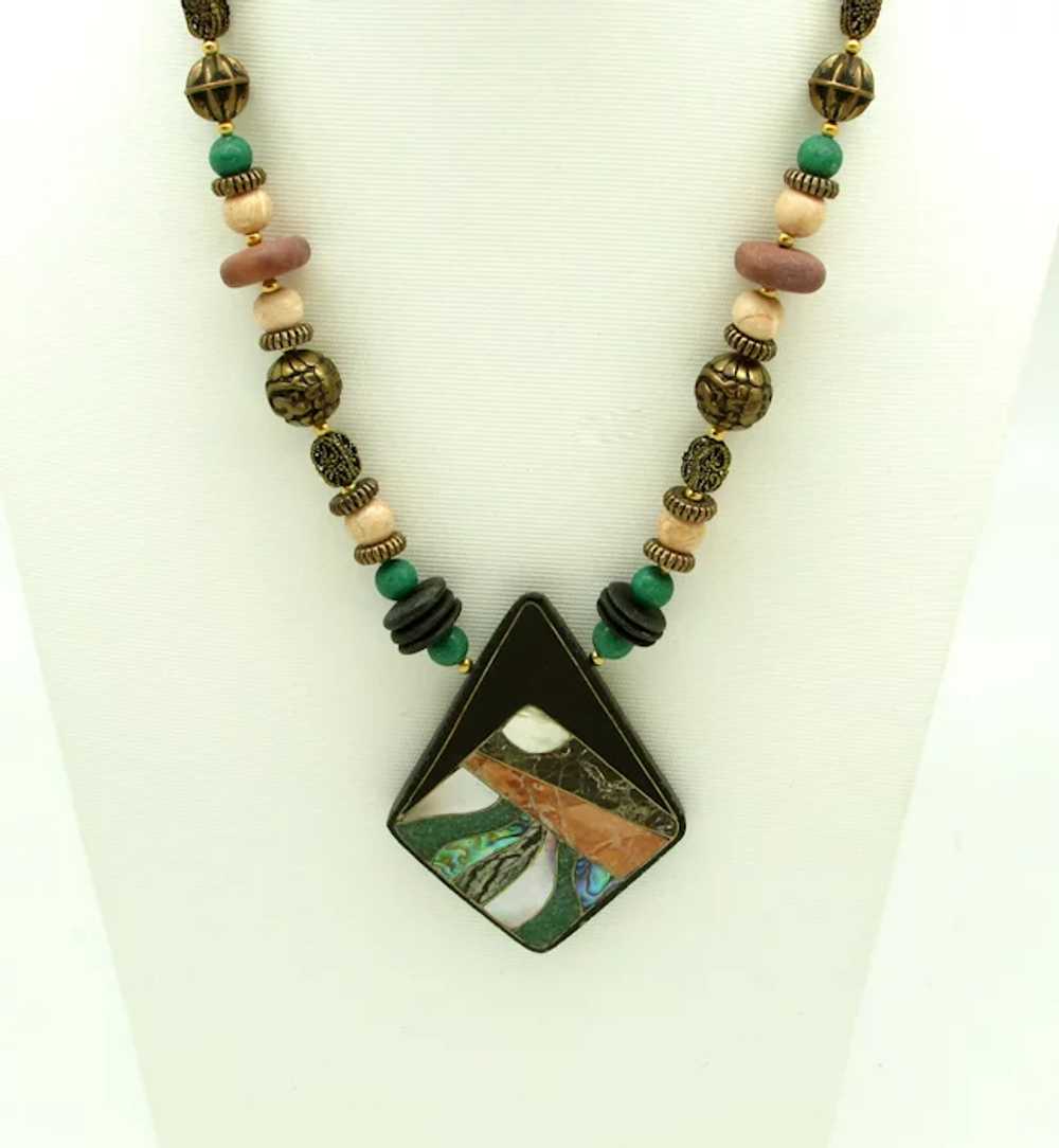 Bead Necklace with Mosaic Pendant - image 2