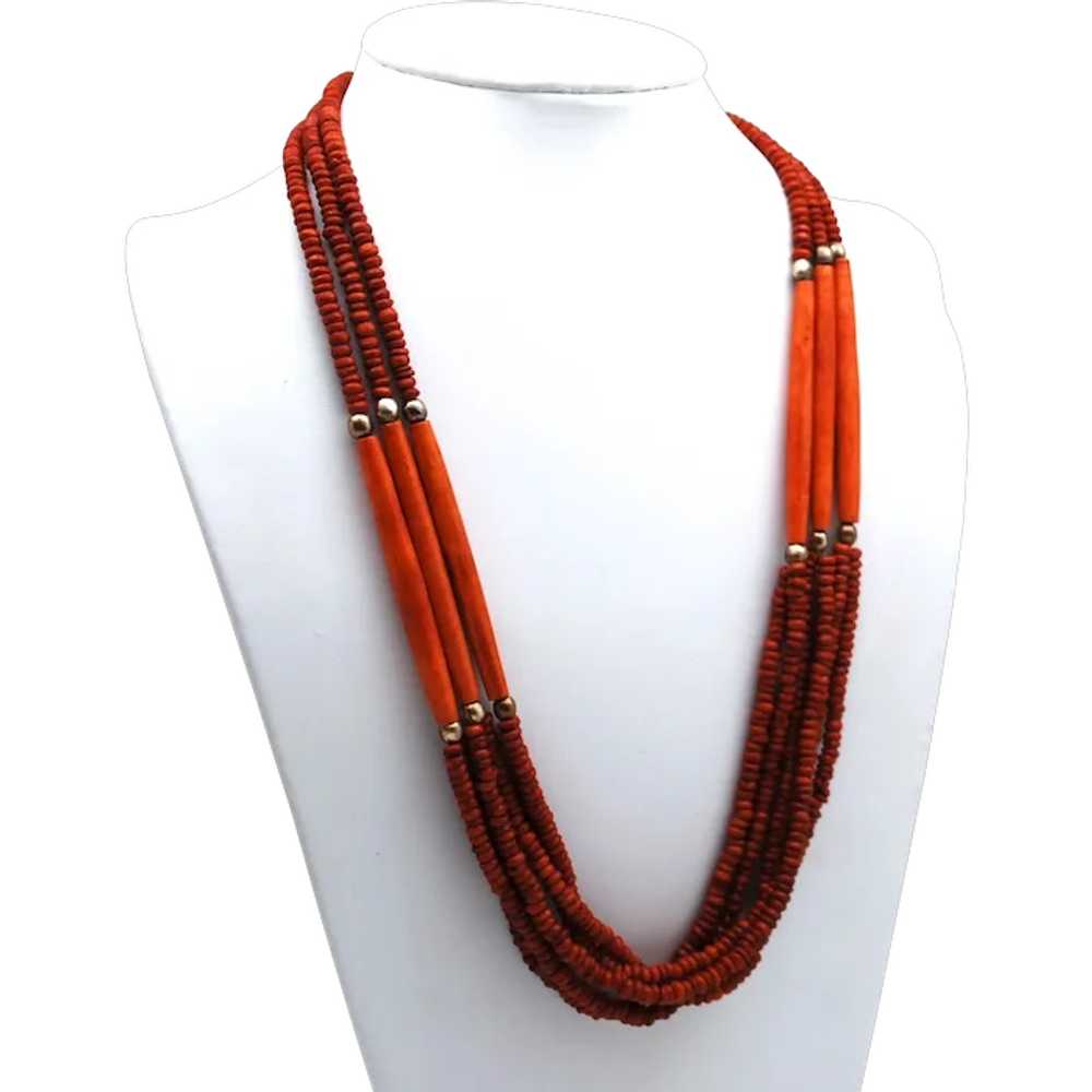 Three Strand Wood Disk and Elongated Bead Necklace - image 1