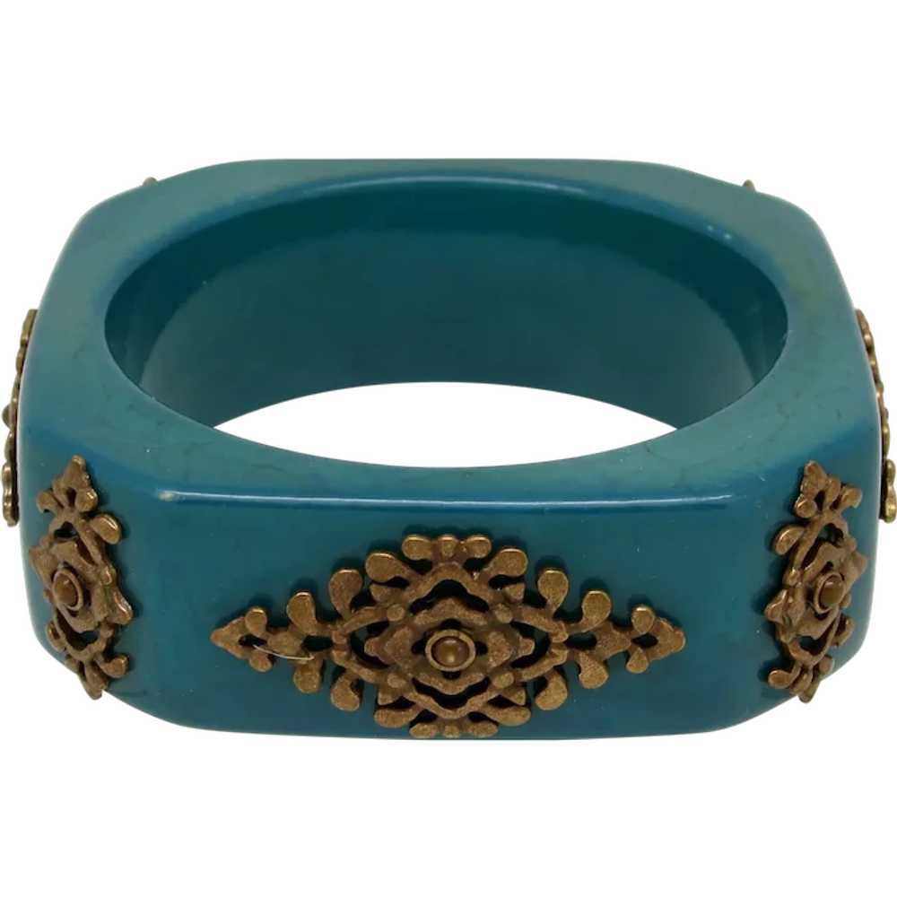 Blue/Green Resin Bangle with Ornate Metal Appliqu… - image 1